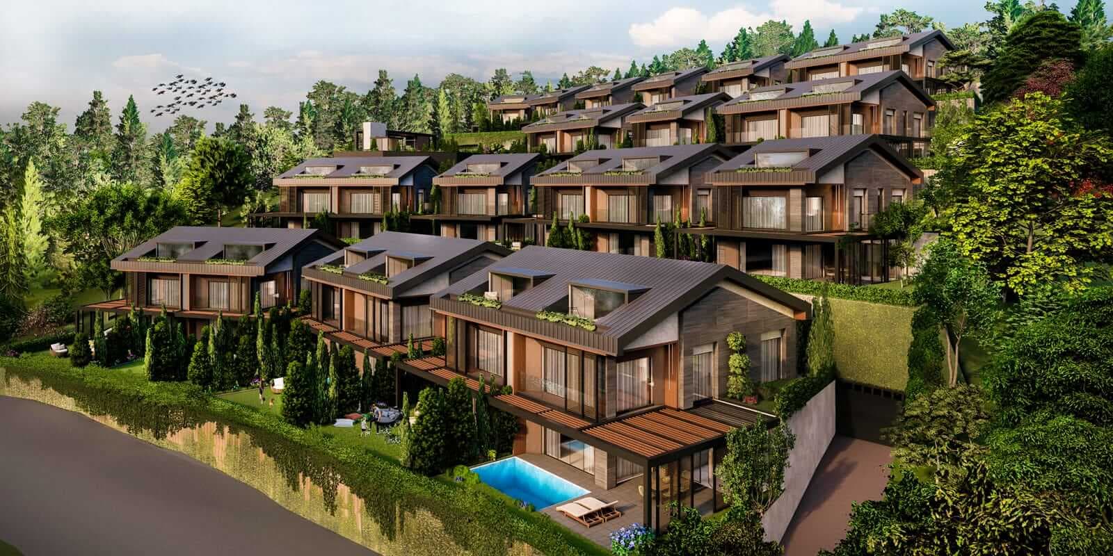 Ormanlık yamaca yerleştirilmiş, havuzlu müstakil villalardan oluşan konut yerleşimi görseli