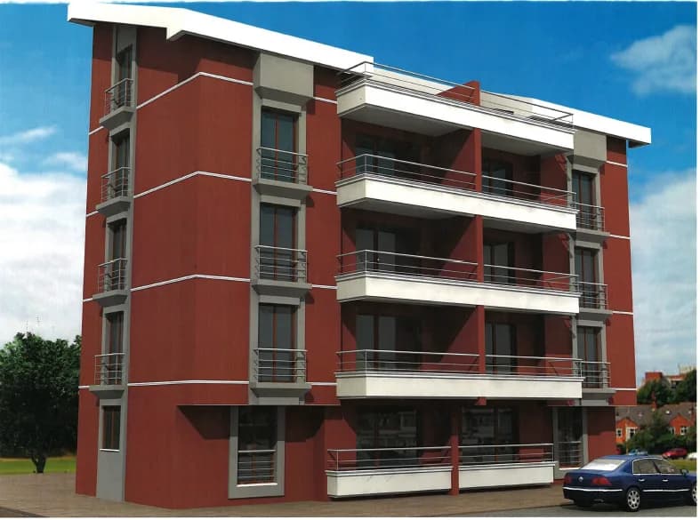 Bordo ve beyaz cepheli, balkonlu dört katlı apartman binasının görseli